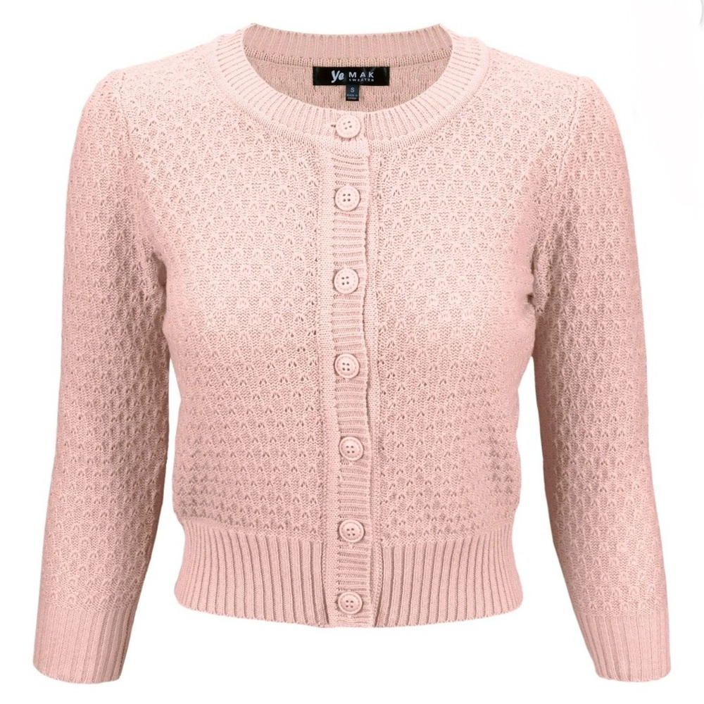 YeMak Blush Pink Textured Vintage-style Cardigan Sweater Romantic 50s Retro XL